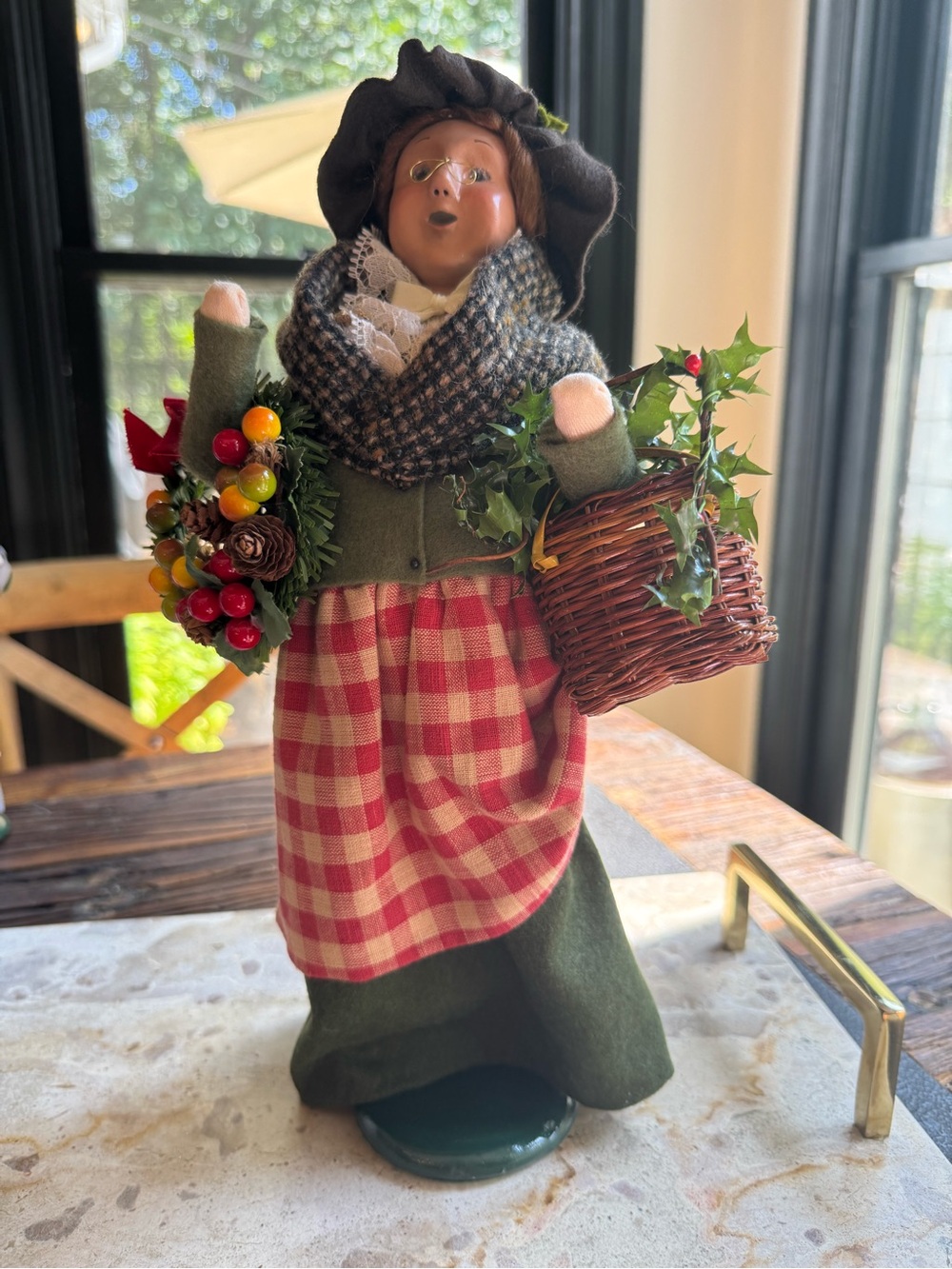Byers' Choice Caroler Woman Wreath Maker & Basket of Greenery-Signed
